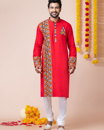 Red Rayon Gamthi Work Navratri Special Kurta Set