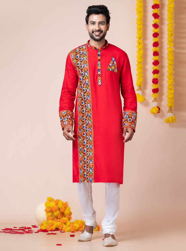 Red Rayon Gamthi Work Navratri Special Kurta Set