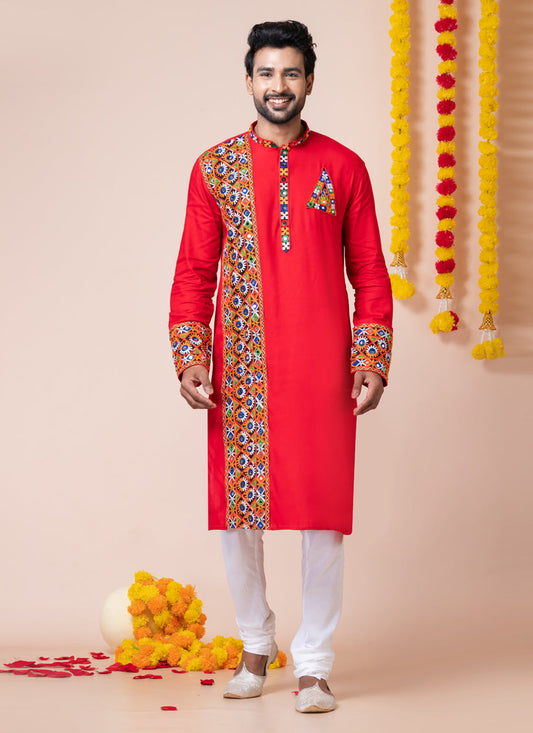 Red Rayon Gamthi Work Navratri Special Kurta Set
