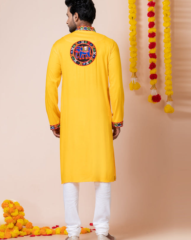 Yellow Rayon Gamthi Work Navratri Special Kurta Set