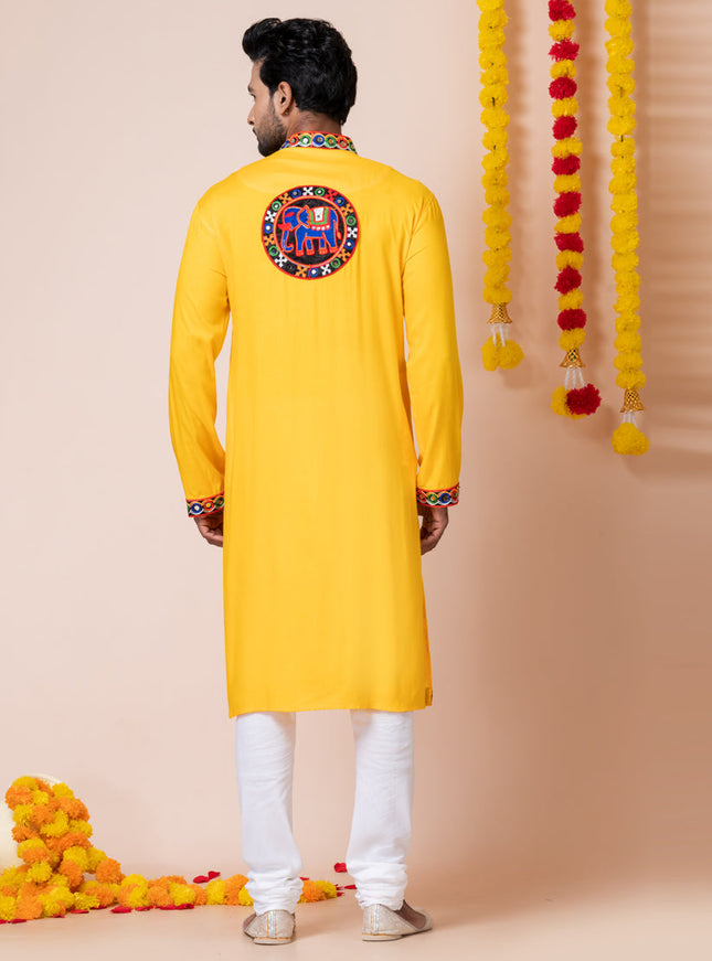Yellow Rayon Gamthi Work Navratri Special Kurta Set