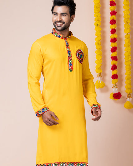 Yellow Rayon Gamthi Work Navratri Special Kurta Set
