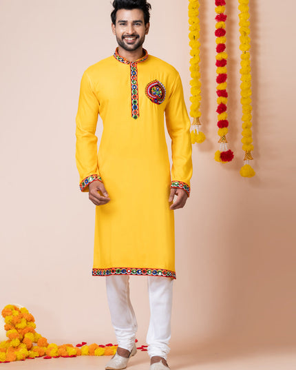 Yellow Rayon Gamthi Work Navratri Special Kurta Set