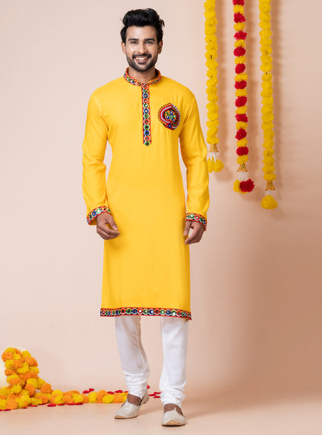 Yellow Rayon Gamthi Work Navratri Special Kurta Set