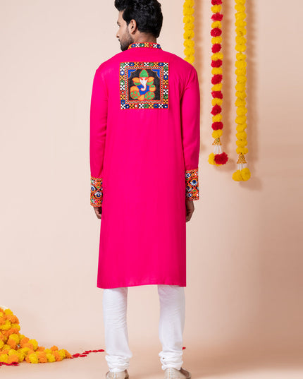 Rani Pink Rayon Gamthi Work Navratri Special Kurta Set