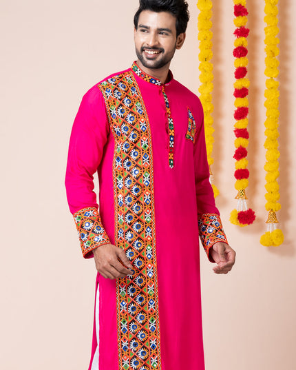 Rani Pink Rayon Gamthi Work Navratri Special Kurta Set