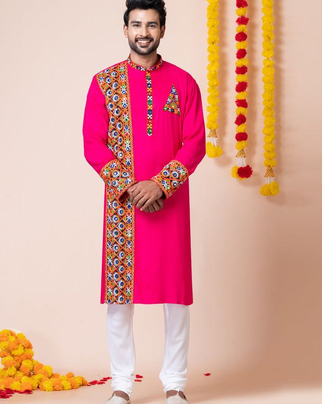 Rani Pink Rayon Gamthi Work Navratri Special Kurta Set