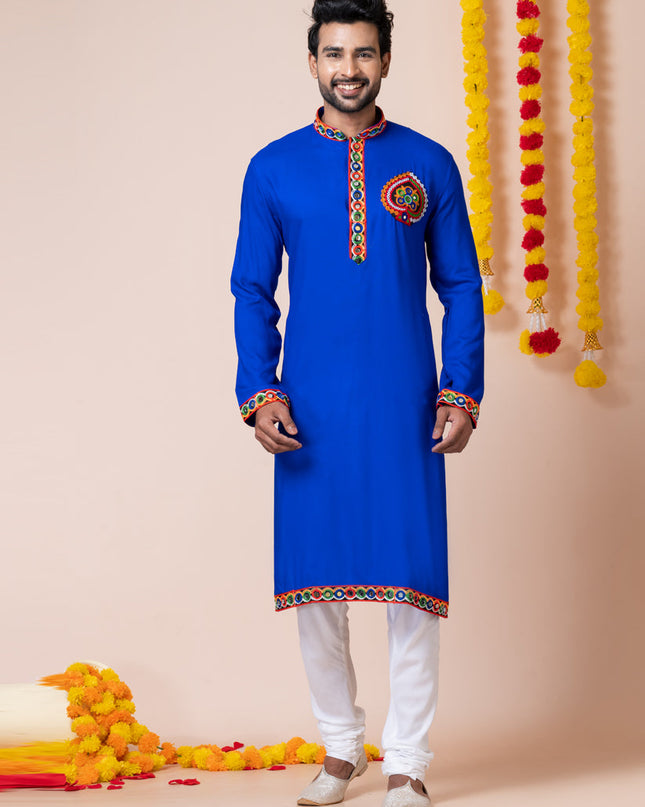 Royal Blue Rayon Gamthi Work Navratri Special Kurta Set