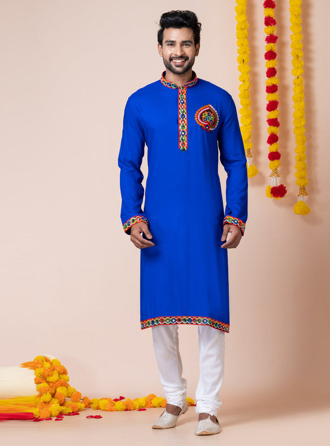 Royal Blue Rayon Gamthi Work Navratri Special Kurta Set