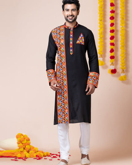 Black Rayon Gamthi Work Navratri Special Kurta Set