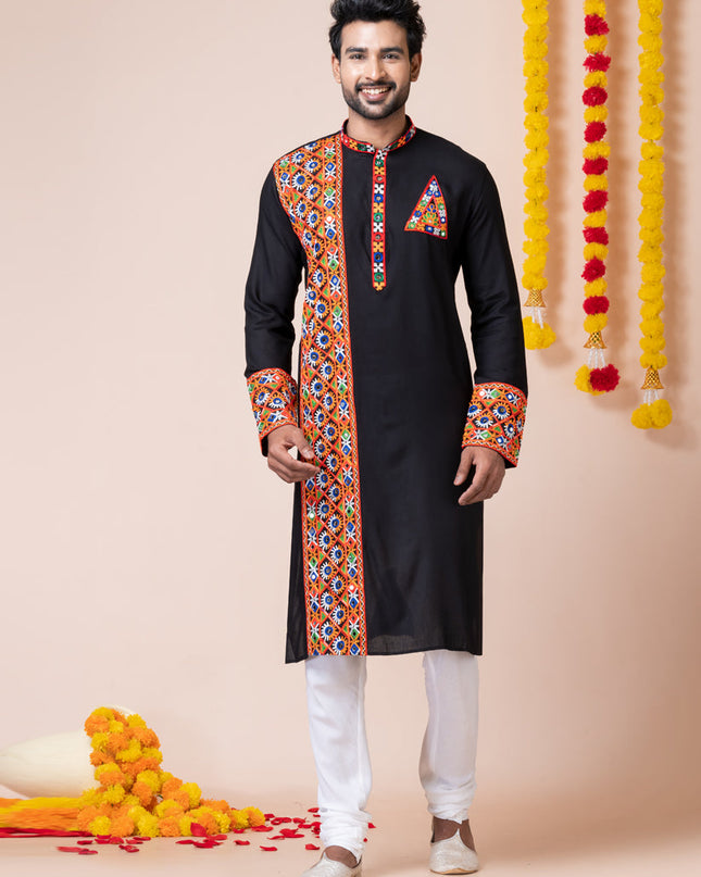 Black Rayon Gamthi Work Navratri Special Kurta Set
