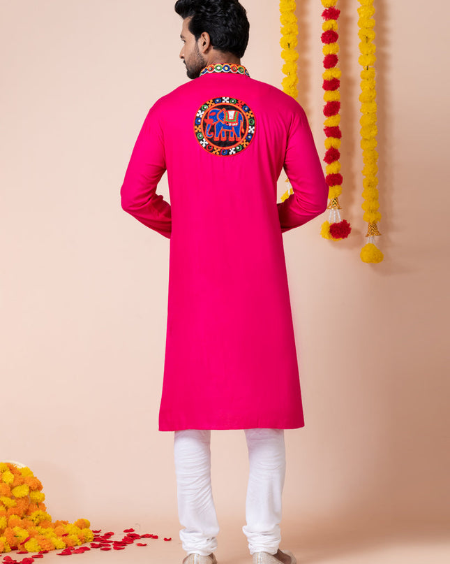 Rani Pink Rayon Gamthi Work Navratri Special Kurta Set