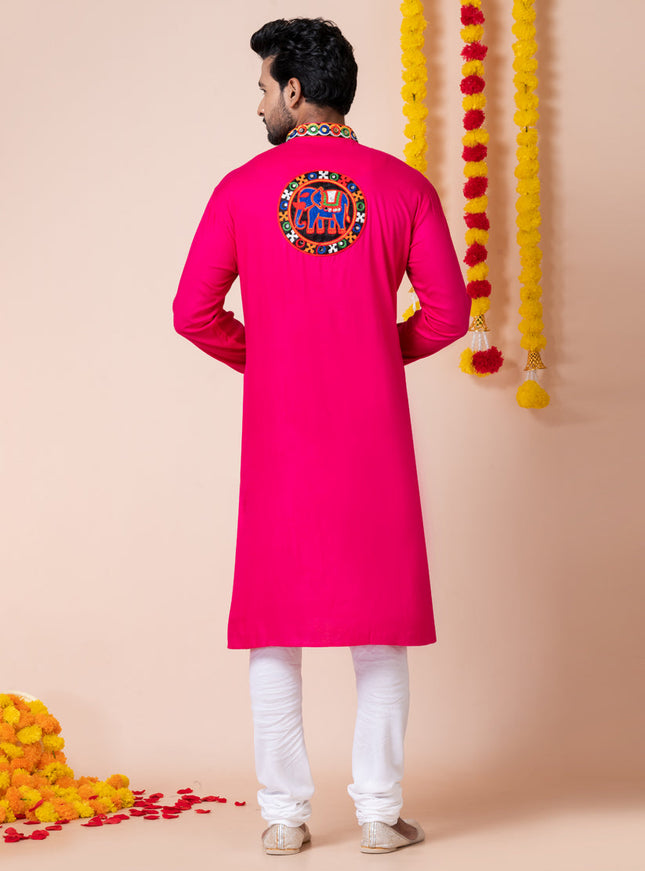 Rani Pink Rayon Gamthi Work Navratri Special Kurta Set