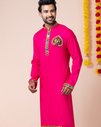 Rani Pink Rayon Gamthi Work Navratri Special Kurta Set