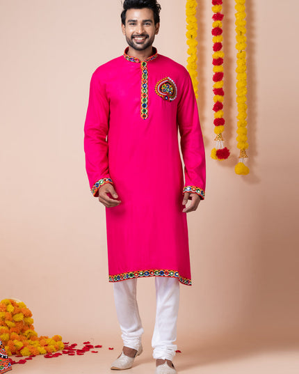 Rani Pink Rayon Gamthi Work Navratri Special Kurta Set