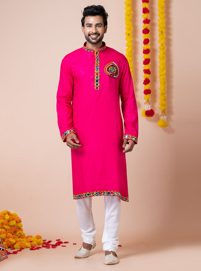 Rani Pink Rayon Gamthi Work Navratri Special Kurta Set
