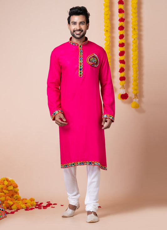 Rani Pink Rayon Gamthi Work Navratri Special Kurta Set