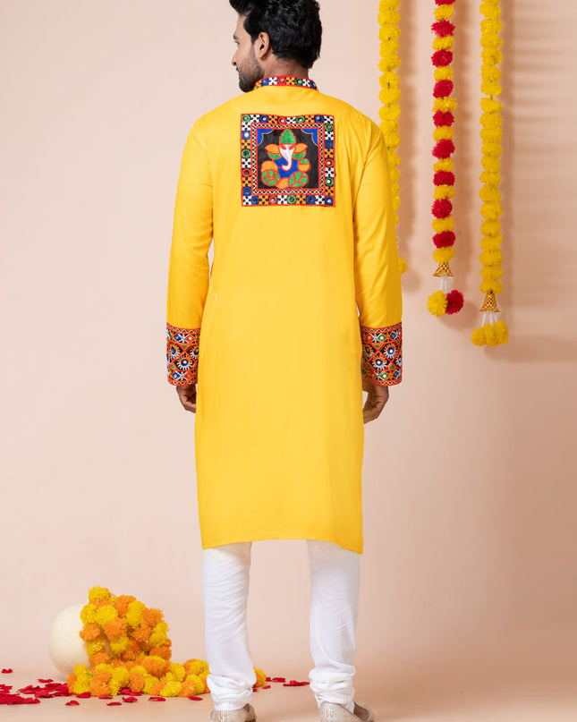 Yellow Rayon Gamthi Work Navratri Special Kurta Set