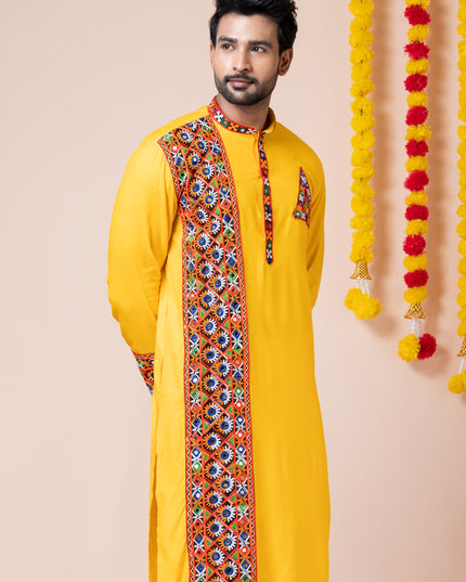Yellow Rayon Gamthi Work Navratri Special Kurta Set