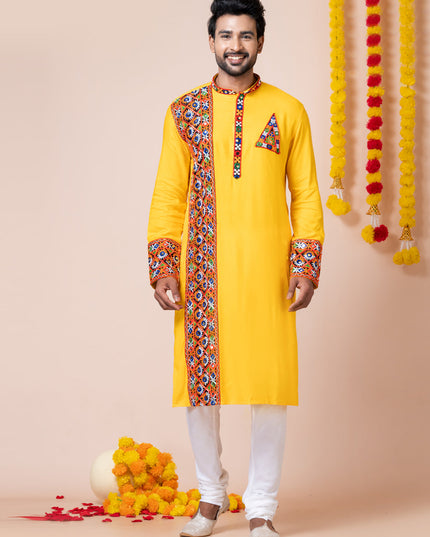 Yellow Rayon Gamthi Work Navratri Special Kurta Set
