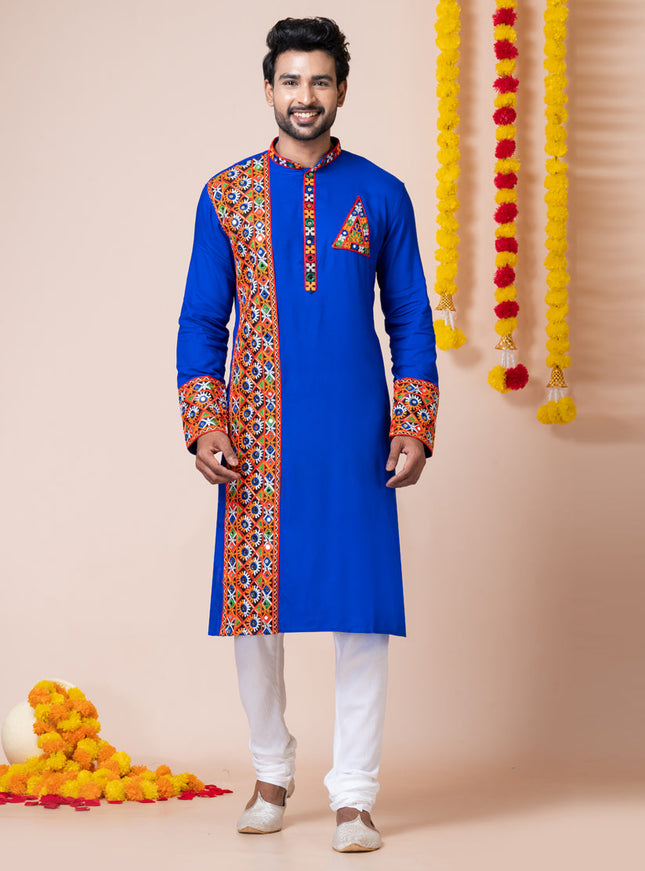 Royal Blue Rayon Gamthi Work Navratri Special Kurta Set