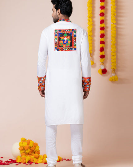 White Rayon Gamthi Work Navratri Special Kurta Set