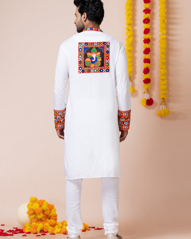 White Rayon Gamthi Work Navratri Special Kurta Set