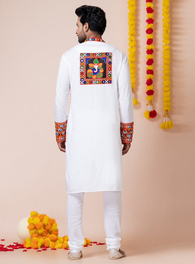 White Rayon Gamthi Work Navratri Special Kurta Set