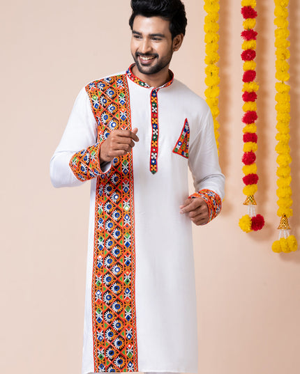 White Rayon Gamthi Work Navratri Special Kurta Set