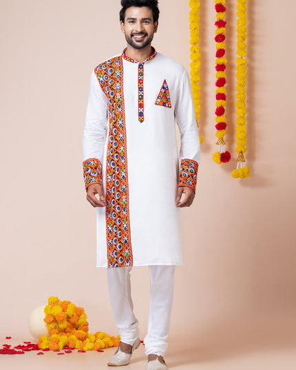 White Rayon Gamthi Work Navratri Special Kurta Set