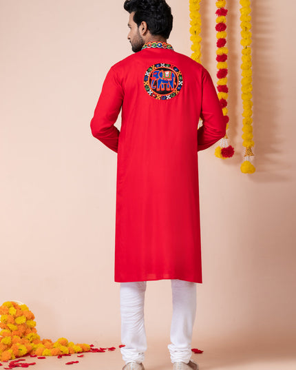Red Rayon Gamthi Work Navratri Special Kurta Set