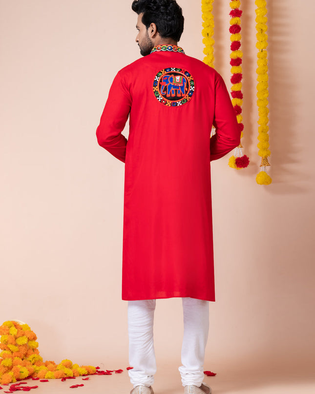 Red Rayon Gamthi Work Navratri Special Kurta Set
