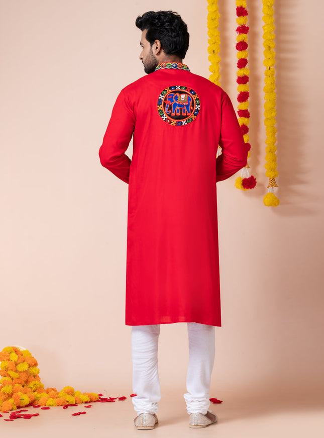 Red Rayon Gamthi Work Navratri Special Kurta Set