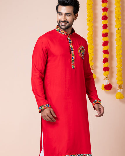 Red Rayon Gamthi Work Navratri Special Kurta Set