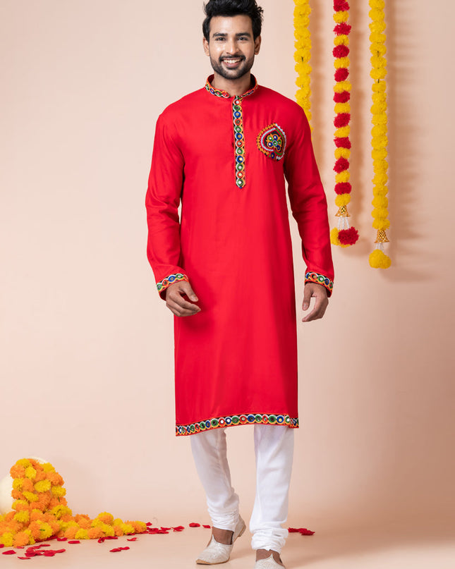 Red Rayon Gamthi Work Navratri Special Kurta Set