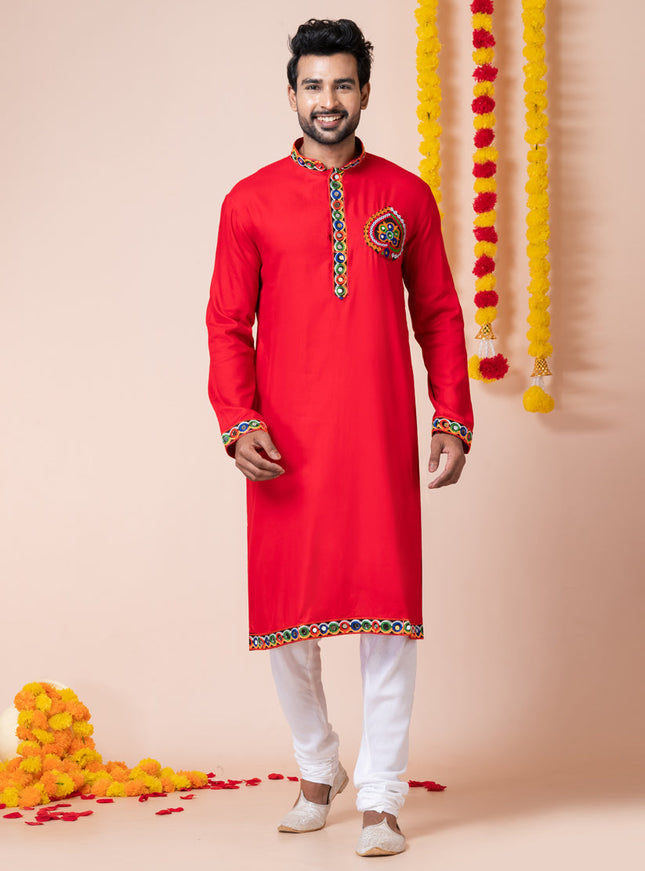 Red Rayon Gamthi Work Navratri Special Kurta Set