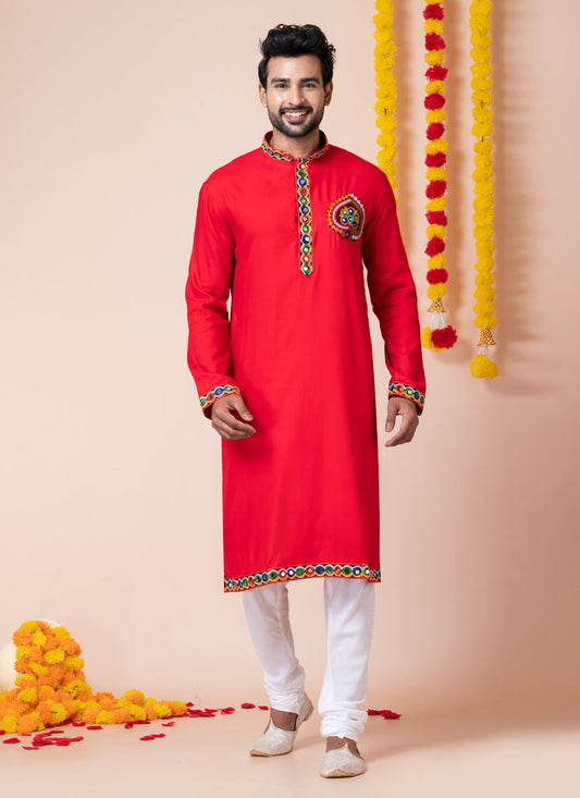 Red Rayon Gamthi Work Navratri Special Kurta Set