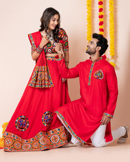 Red Rayon Gamthi Work Navratri Special Combo