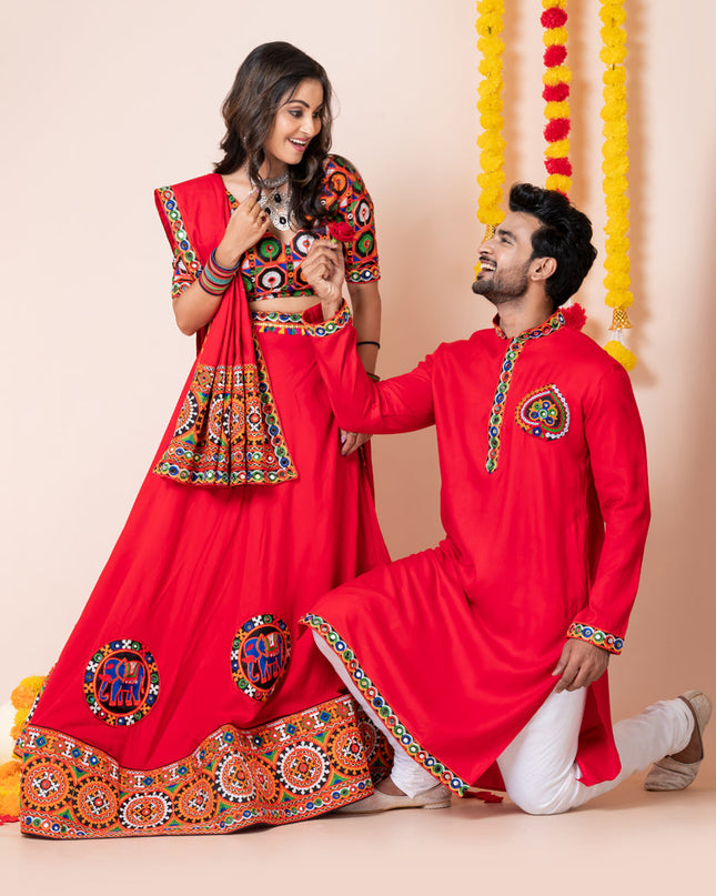 Red Rayon Gamthi Work Navratri Special Combo