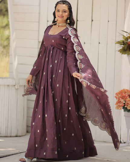 Burgundy Shimmer Silk Embroidered Gown with Dupatta