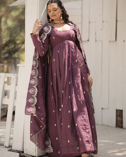 Burgundy Shimmer Silk Embroidered Gown with Dupatta