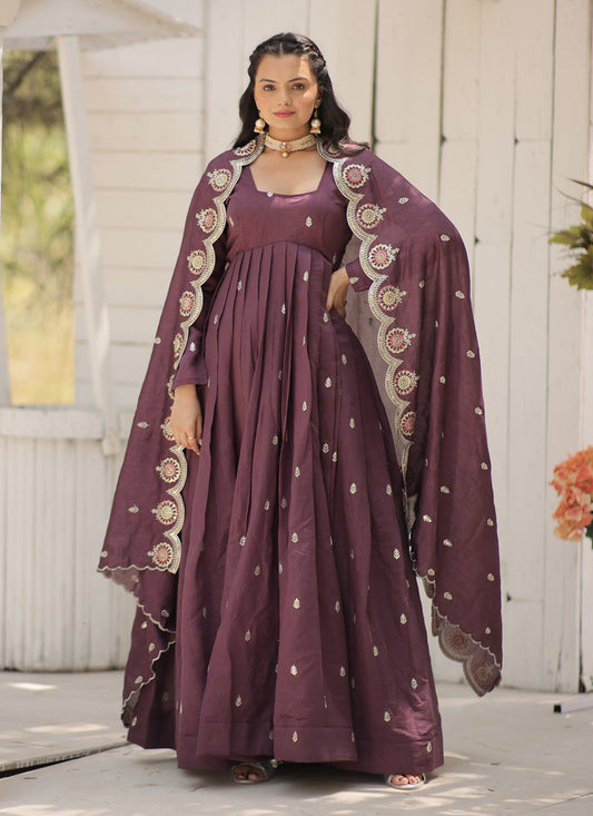 Burgundy Shimmer Silk Embroidered Gown with Dupatta