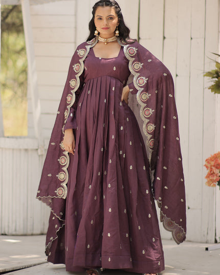 Burgundy Shimmer Silk Embroidered Gown with Dupatta
