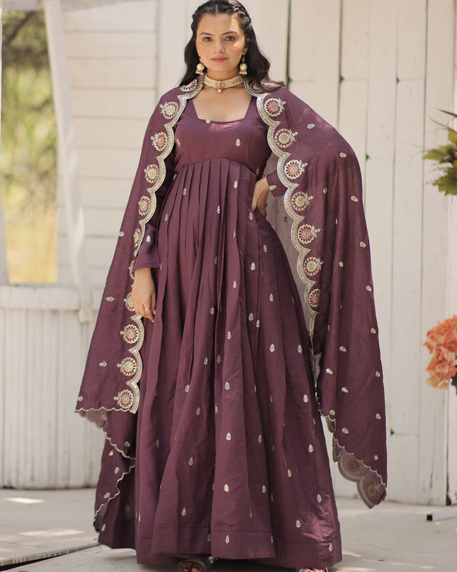 Burgundy Shimmer Silk Embroidered Gown with Dupatta