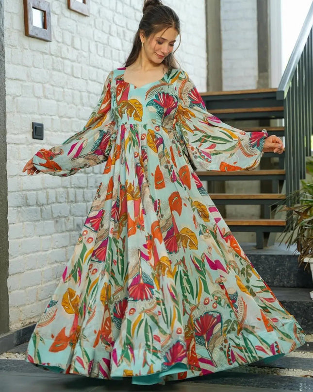 Ice Mint Chinnon Flared Digital Print Gown