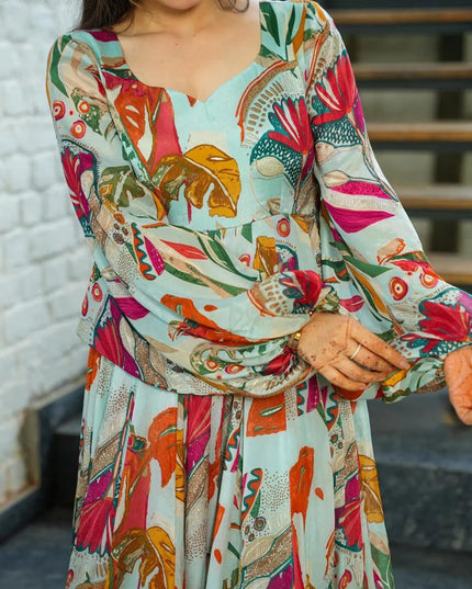 Ice Mint Chinnon Flared Digital Print Gown