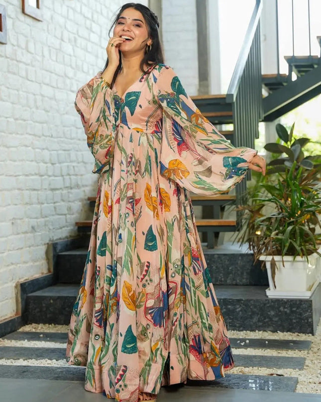 Peach Chinnon Flared Digital Print Gown