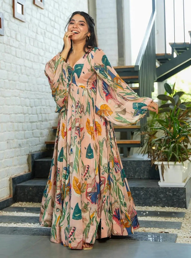 Peach Chinnon Flared Digital Print Gown