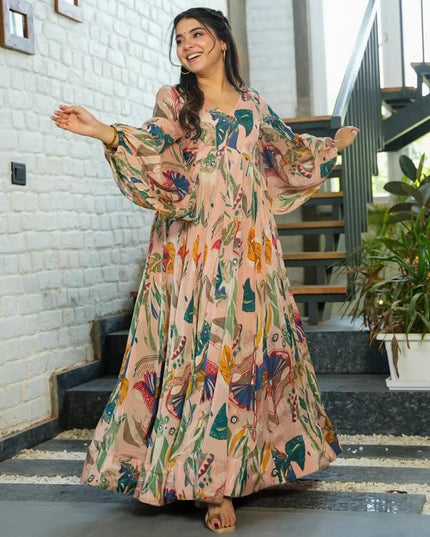 Peach Chinnon Flared Digital Print Gown