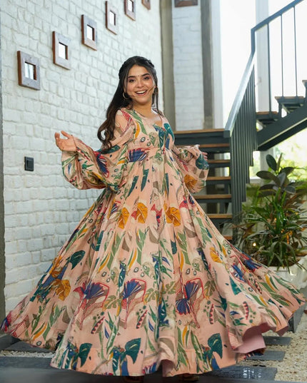 Peach Chinnon Flared Digital Print Gown